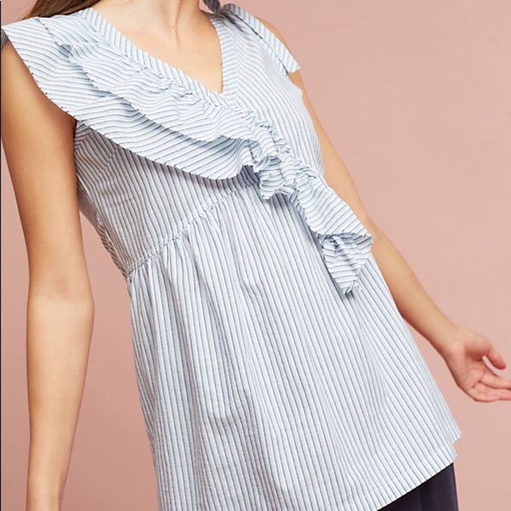 Anthropologie Left of center ruffle sleeveless top white blue